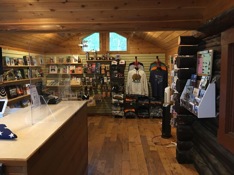 The Alaska Geographic sales area at the Brooks Camp Visitor Center offers a selection of items that visitors can purchase to commemorate their visit.