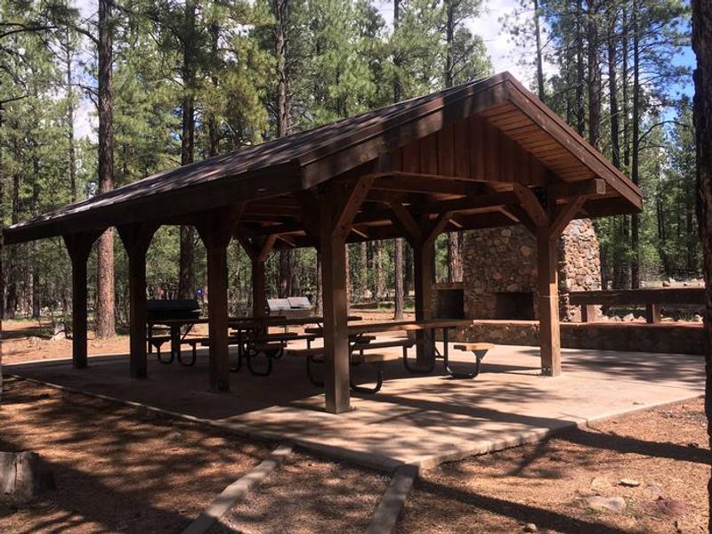 Stunning picnic ramda and stone fire place at large group site