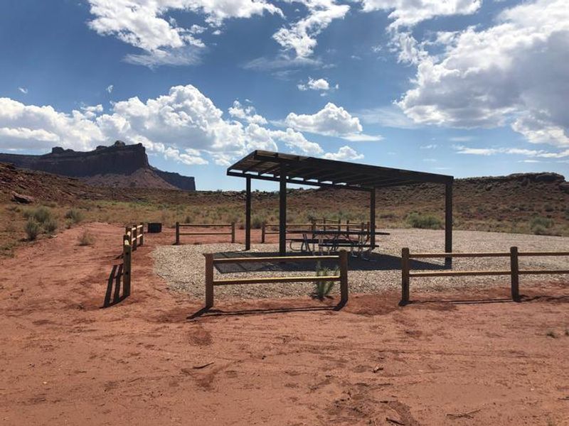 Superbowl Group Site shade structure, picnic tables, parking, and fire ring