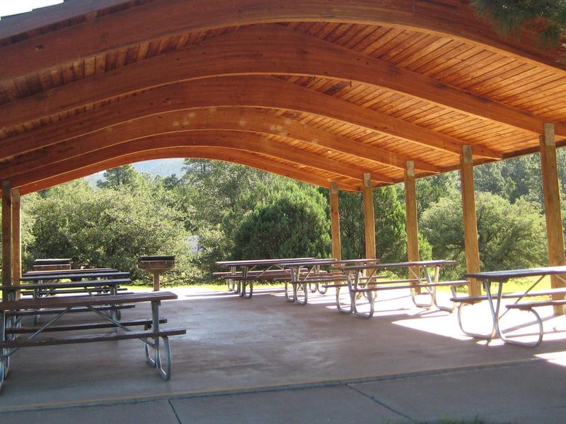 Tables and grills at pavilion.