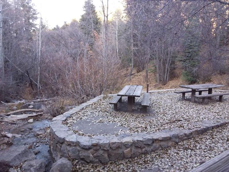 Picnic tables by the water.