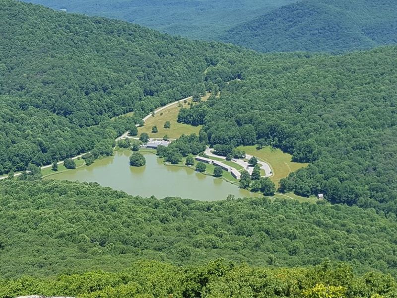 View of Abbott Lake, Peaks of Otter Lodge and Restaurant from the Top of Sharp Top Mountain