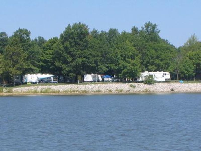 View from the water of Dam West Campground.