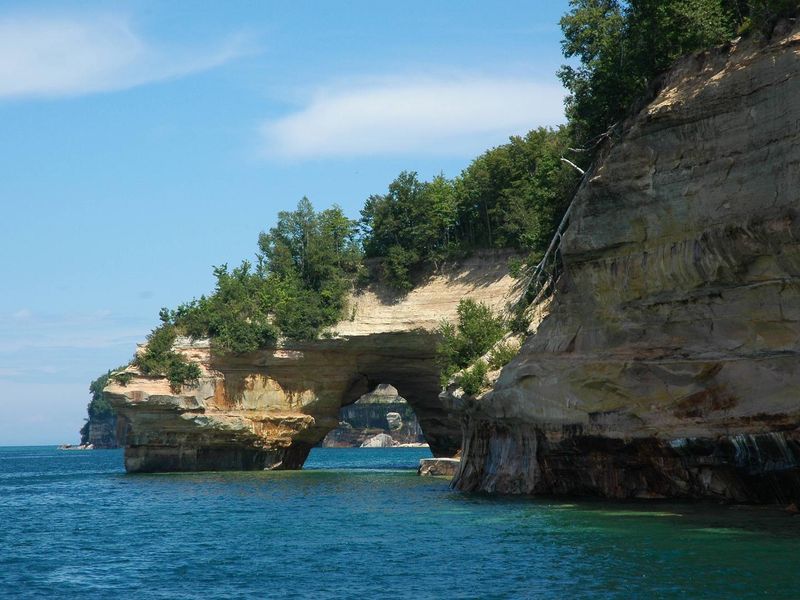 A view of Lake Superior looking to the east through Petit Portal arch, also known as Lover's Leap.