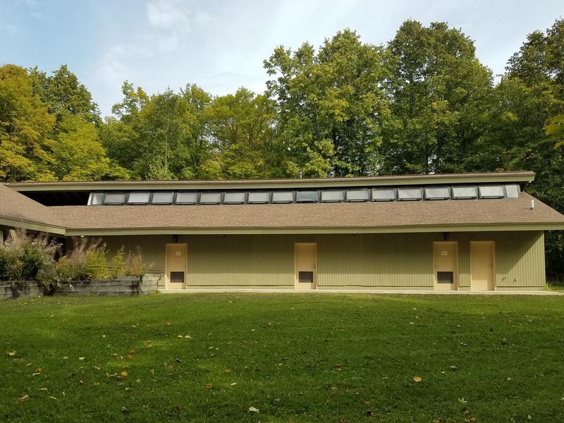 The wing of the Clark Lake pavilion that houses the restrooms and shower rooms.