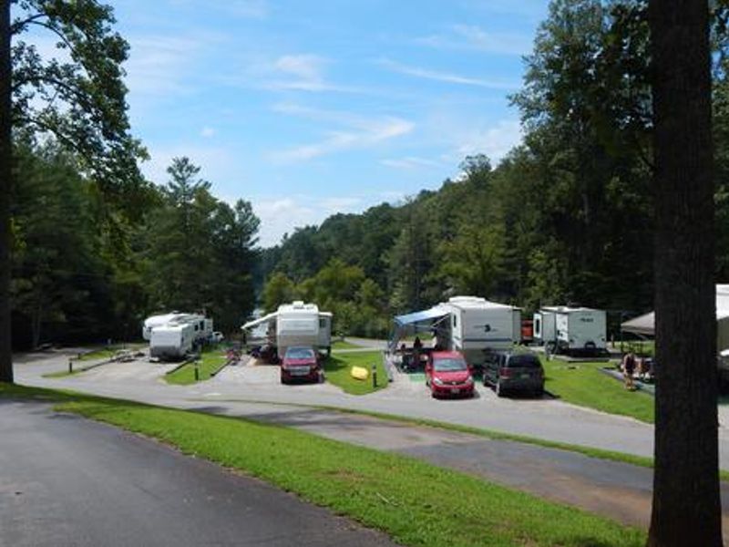 RVs and trailers set-up at the campground