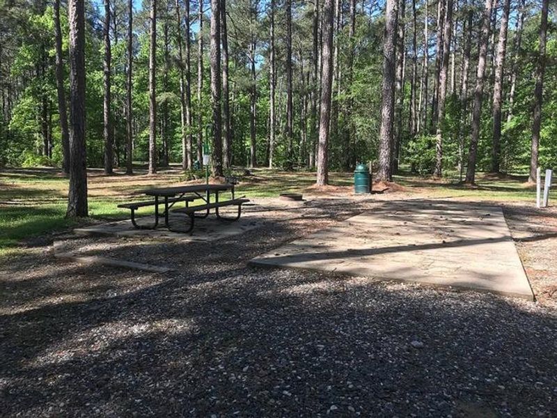 Shaded Class A Campsite #1. RV pad, water, and 20/30/50 AMP electric hook-ups as well as basic campsite amenities including a picnic table, lantern post, fire ring, trash can and grill.