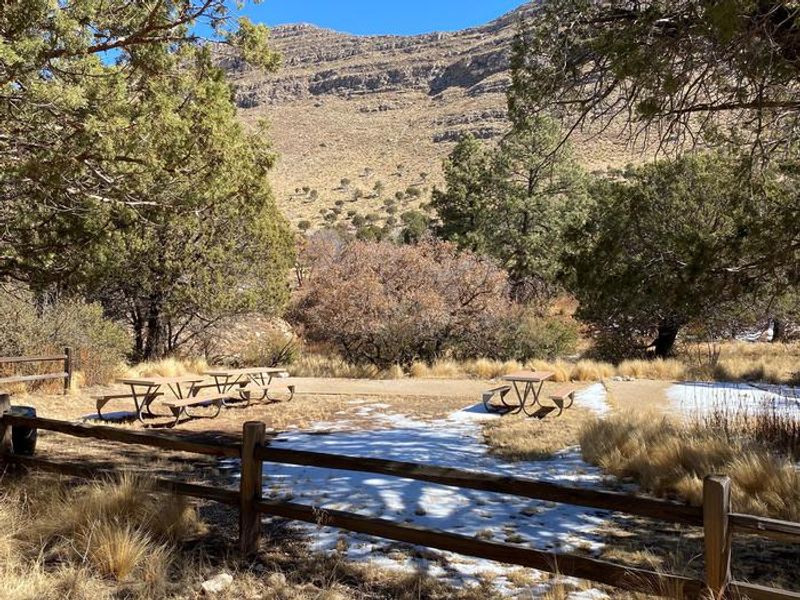 Dog Canyon Group Campsite with views of Algerita ridge in the background.