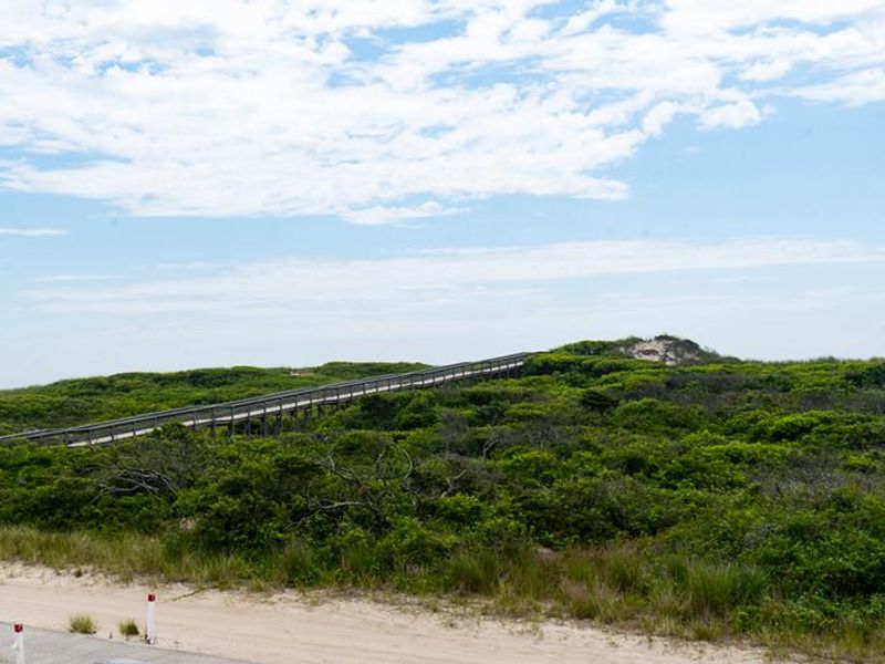 View of the primary dune and boardwalk leading to the ocean beach.
