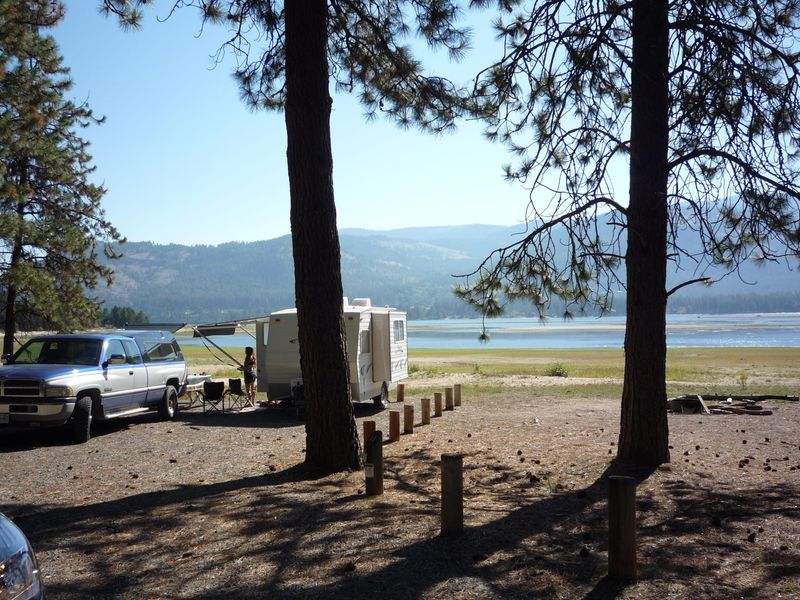 A campsite at Haag Campground with a view of the lake.