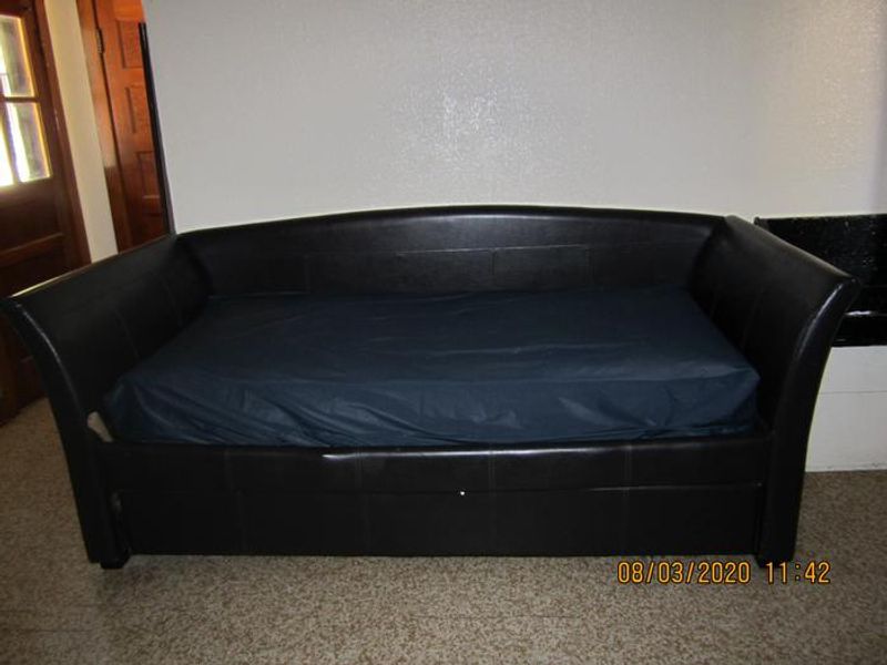 A better look at the couch-bed in Barber Flat's living room.