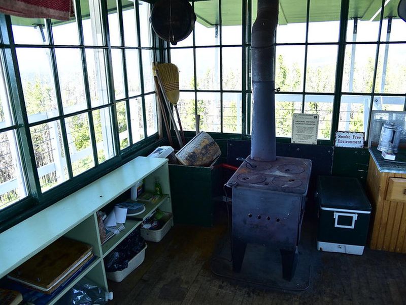 Wood heat stove inside lookout