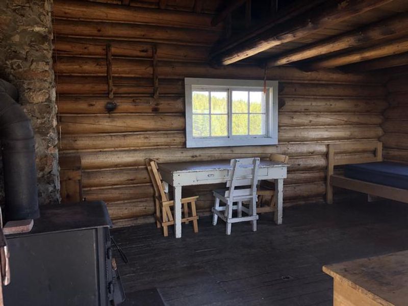 Wood burning stove for heat and cooking.