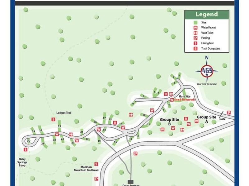 Map of Dairy Springs Campground showing all campsites including the First Come First Served Sites.