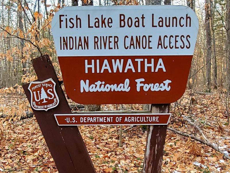 Signage indicating the Fish Lake boat Launch, adjacent to the Widewaters Campground