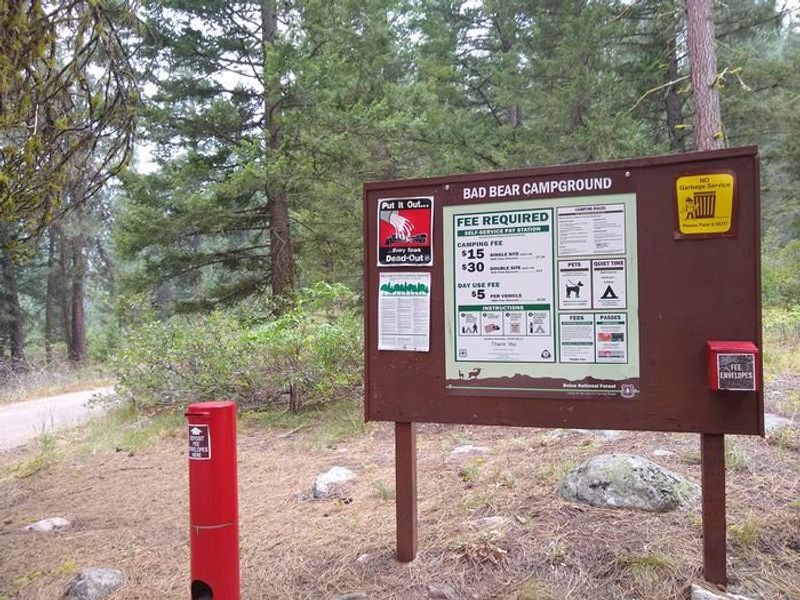 Bad Bear fees and regulation sign with fee tubes and envelopes.