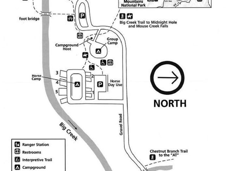 Sites are staggered West (1) to East (12) between Big Creek and the two campground parking areas. There are 4 short trails from the parking areas to the sites. 
