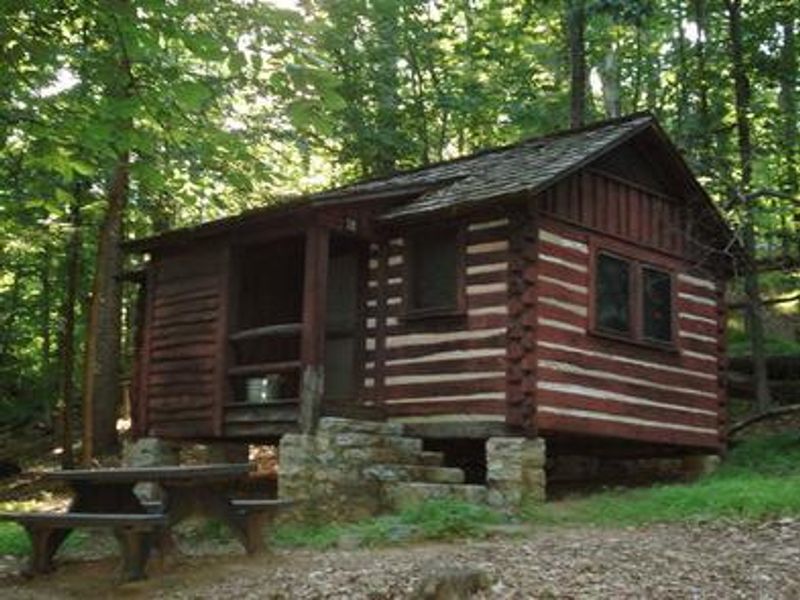 Camp Misty Mount Cabin 18. American chestnut cabin accommodates 4 people and includes interior and exterior lighting, outdoor picnic table and fire circle/grill.