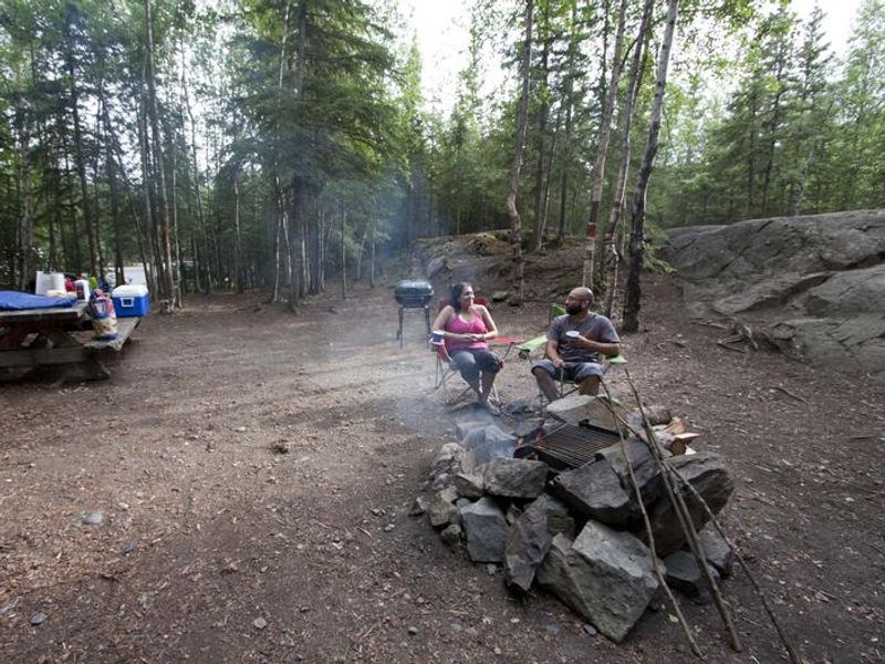 Rustic campsites are surrounded by spruce and alders, providing relaxing dry camping opportunities for campers.