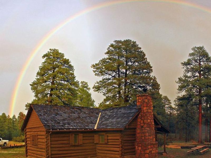 Rainbow over Hull Cabin during monsoon storm