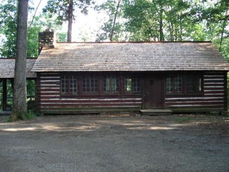 American chestnut lodge #23 with two picnic tables, and outdoor grill/firepit surrounded by trees.