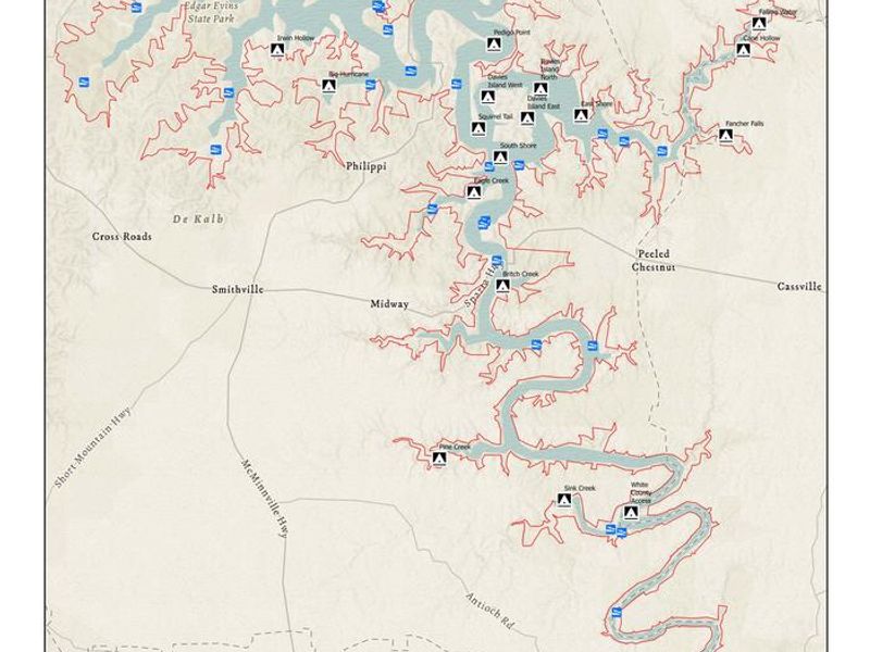 Map of Primitive Sites Available on Center Hill Lake in 2021