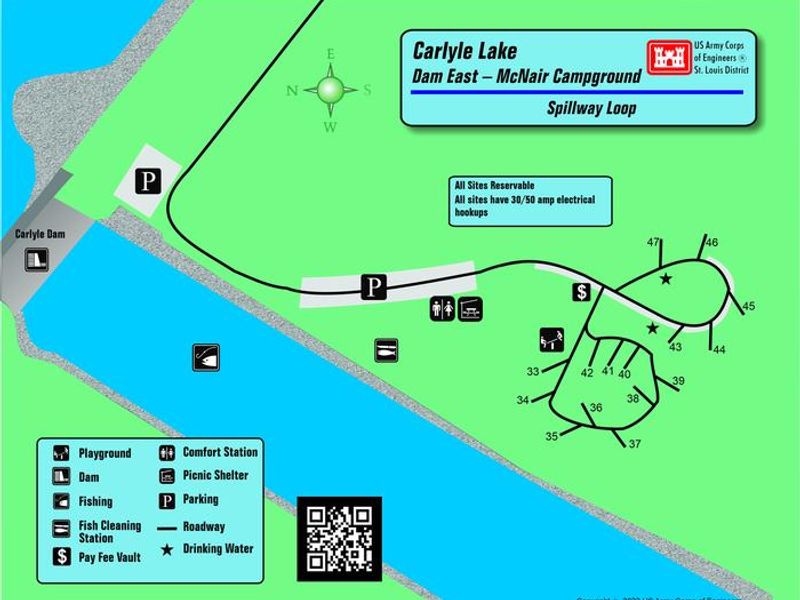 Map of East Spillway Loop layout. Sites 33 - 47 of McNair- East Spillway Campground.