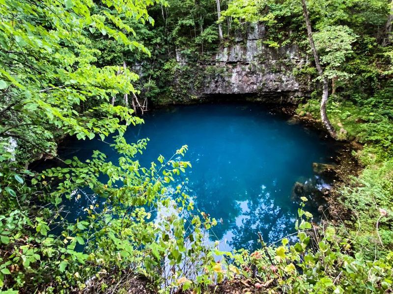 The bright blue water of Round Spring surrounded by greenery