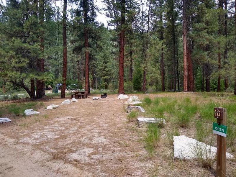 Site 10 is flat, features a long driveway, and is surrounded by trees.
