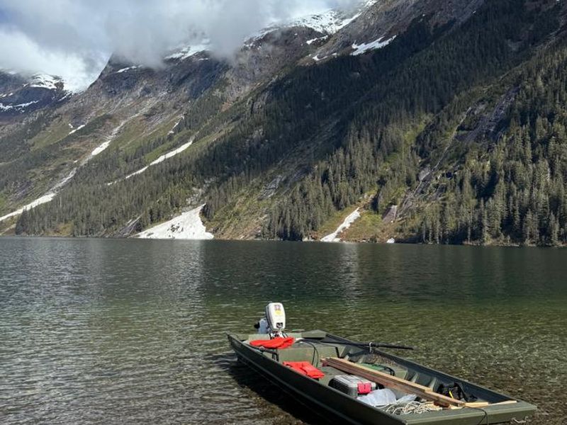 View toward Turner Lake West Cabin with cabin skiff