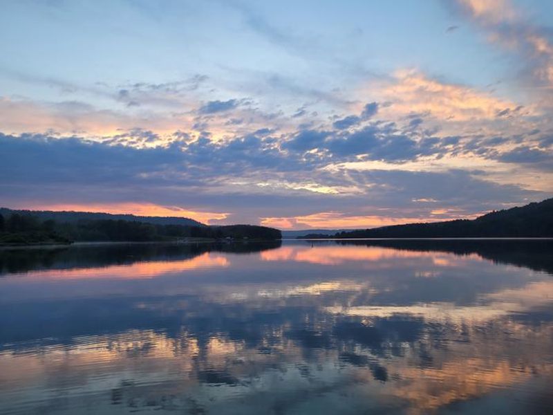 A sunrise at Cowanesque Lake from South Shore looking east towards Tompkins Campground
