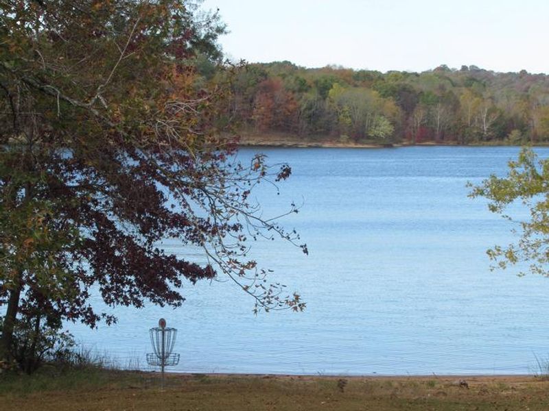 Looking out on Hole 8 of the 9 hole Frisbee Golf Course located next to the beach, about 2 miles from the campground