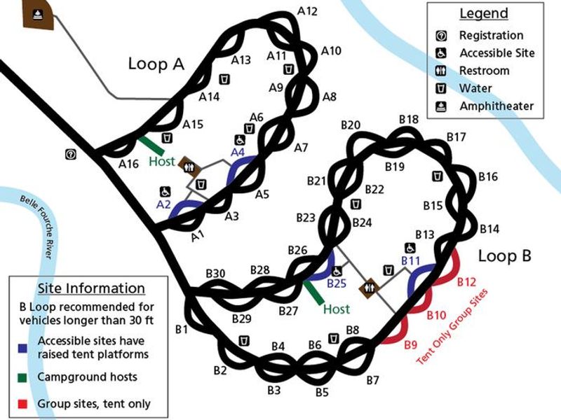 !The campground is separated into two loops, with basic services available throughout.