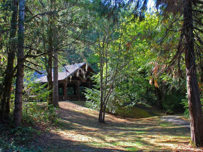 View of the pavilion and nearby paved path at Tyee Recreation Site