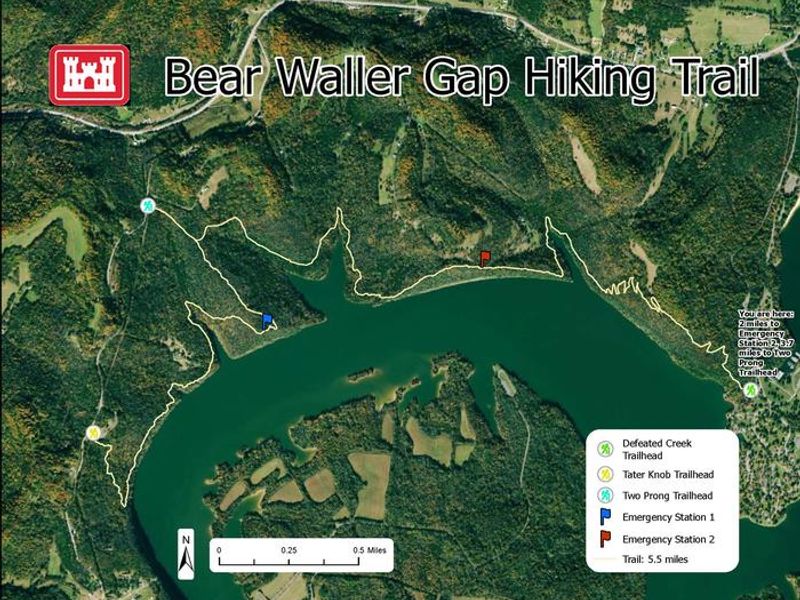 Bear Waller Gap Hiking Trail is adjacent to the campground is 6-6.5 miles one way