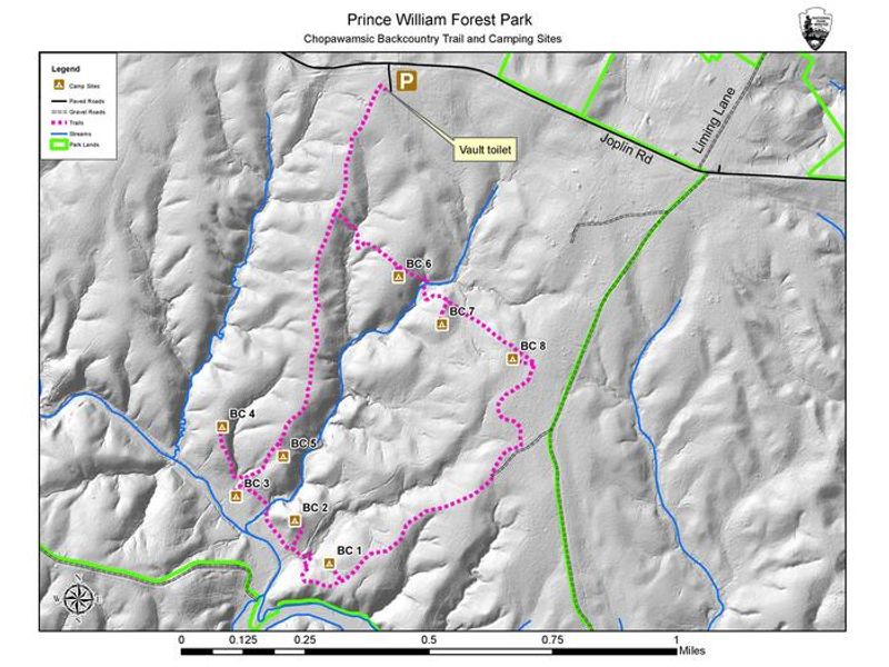 The parking lot for the backcountry area is located off of Joplin Road and contains one vault toilet. The campsites are located around a loop trail mostly on ridgetops