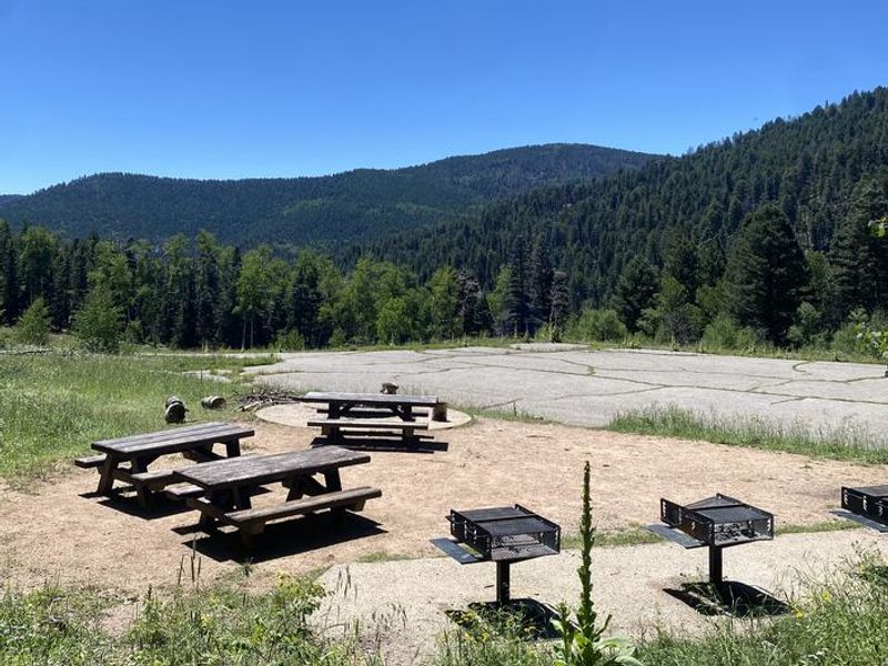 Site B with picnic table, campfire ring, and parking.