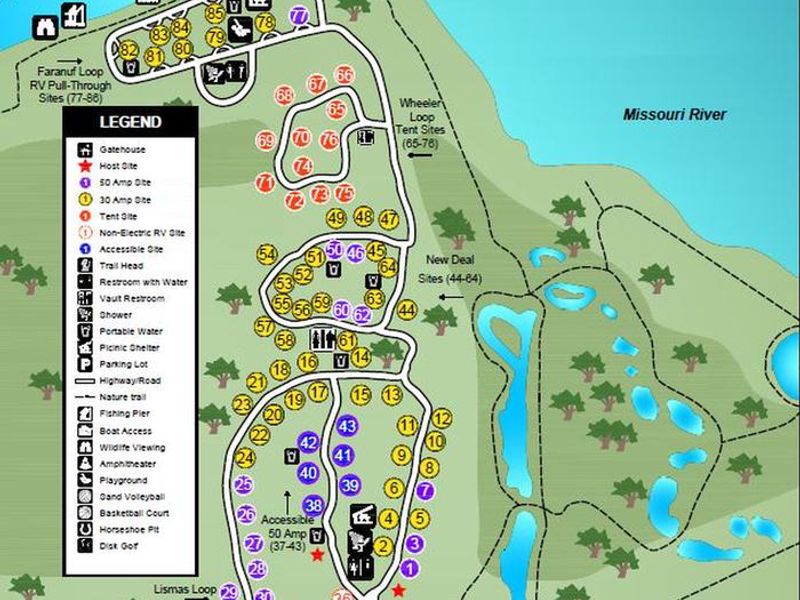 A view of campsite loops, trail and amenities available at Downstream Campground. 