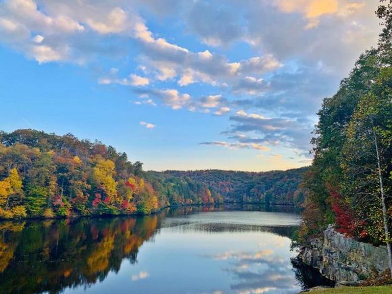 If camping or visiting East Lynn Lake in early autumn, you may enjoy gorgeous displays of the fall foliage such as this. This photograph was taken near the East Lynn Lake's dam.