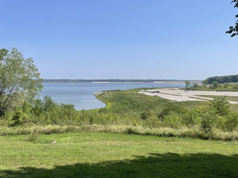 Overlook of Saylorville Lake, Boat Ramp, and Main Dam.