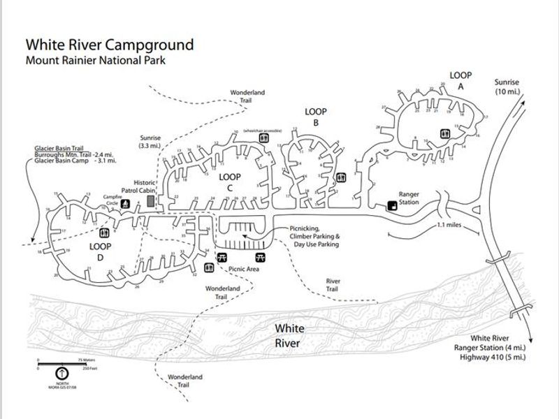 A map of the White River Campground including loops, sites, picnic areas, the White River and trailheads