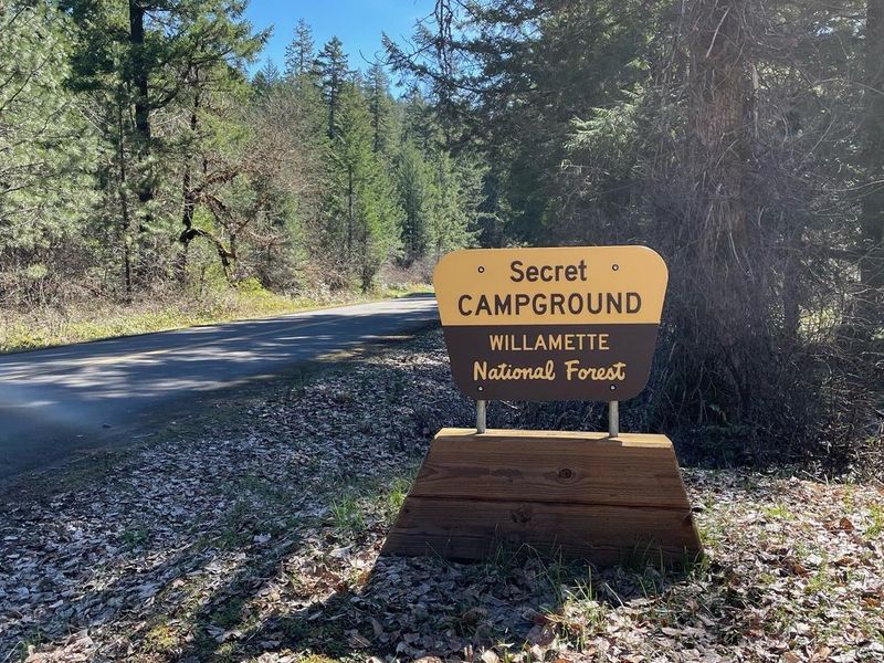 The entrance sign for Secret Campground can be easily seen from Forest Service Road 21 and leads you to the campground gate.