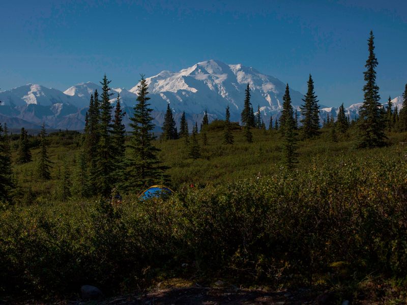 The scenery around Wonder Lake Campground features a spectacular view of Denali, when skies are clear