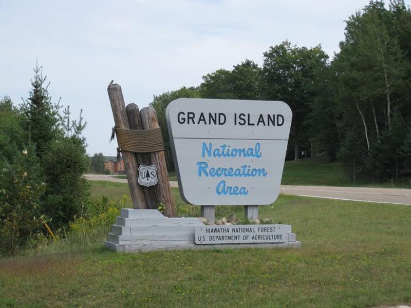 Grand Island Recreation Area Sign located at the ferry landing near Munising, MI
