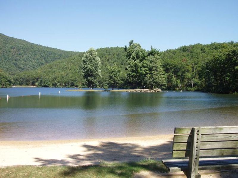 Lower lake swimming beach in early morning.