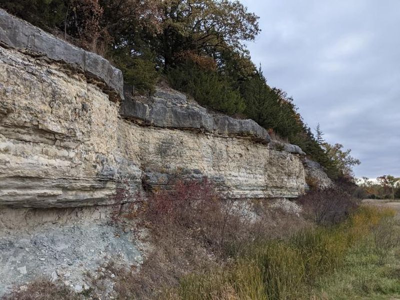 Large rock wall formation near the end of the dam at Outlet Park