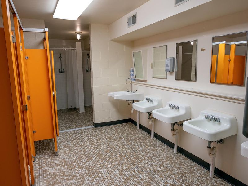 The gym women's bathroom has 4 sinks, 4 toilet stalls, 4 mirrors and 5 shower stalls.  Shower stalls have no doors or curtains.  The men's bathroom has 2 urinals, 2 toilet stalls, 5 sinks, and 4 shower stalls.
