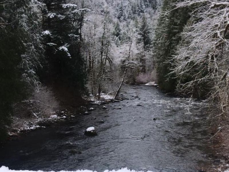 Snow Day on the Salmon River viewed from the bridge at Trailhead. 