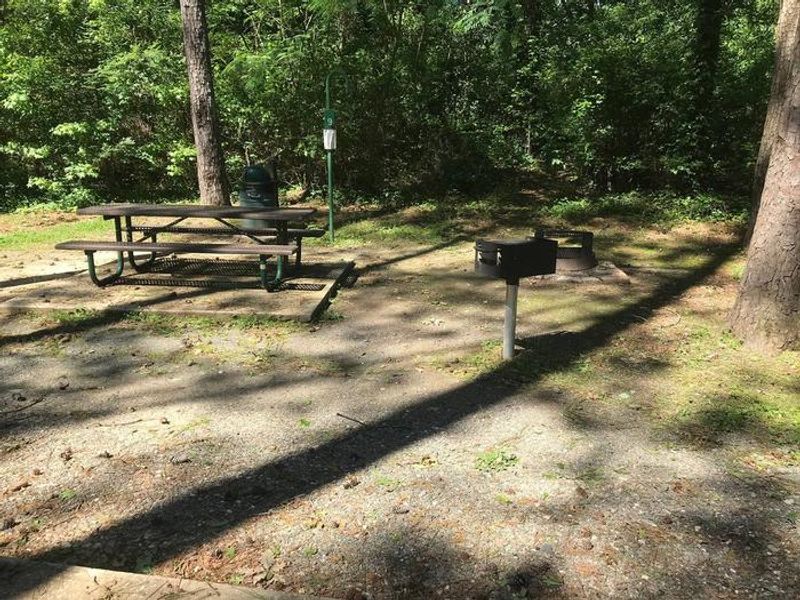 Shaded Class A Campsite #9. RV pad, water, and 20/30/50 AMP electric hook-ups as well as basic campsite amenities including a picnic table, lantern post, fire ring, trash can and grill.