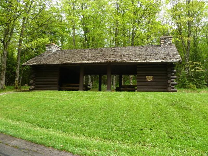 Lake Ottawa Campground  offers a picnic shelter with two stone fireplaces and original log picnic tables.